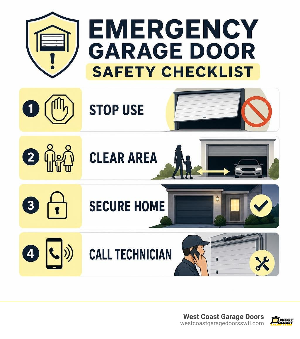 Emergency garage door safety checklist: stop use, clear area, secure home, call technician infographic Emergency garage door safety checklist: stop use, clear area, secure home, call technician infographic
