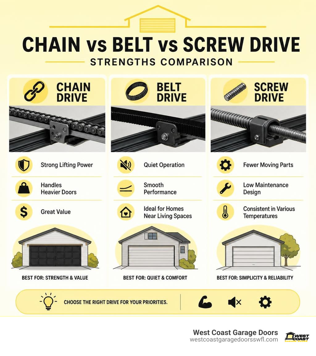 comparison of chain, belt, and screw drive garage opener strengths infographic comparison of chain, belt, and screw drive garage opener strengths infographic