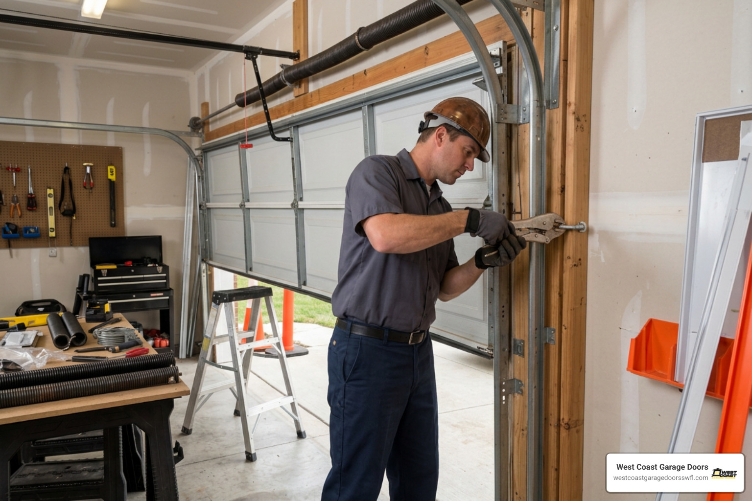technician securing garage door with locking pliers during spring service technician securing garage door with locking pliers during spring service