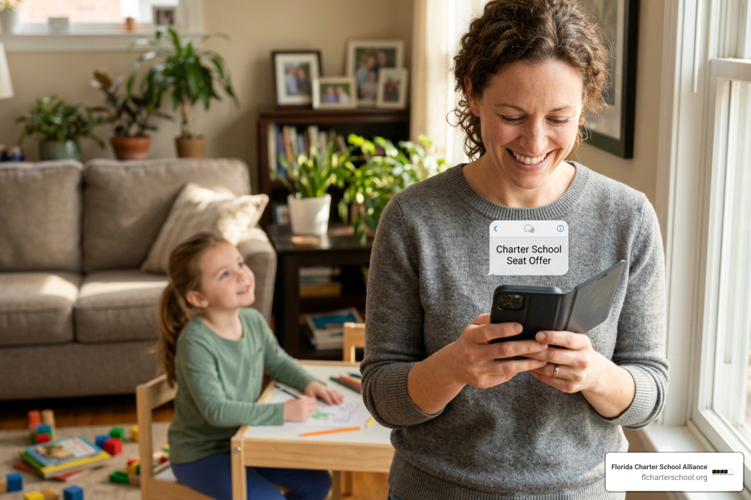 Parent receiving a charter school seat offer notification on a smartphone Parent receiving a charter school seat offer notification on a smartphone