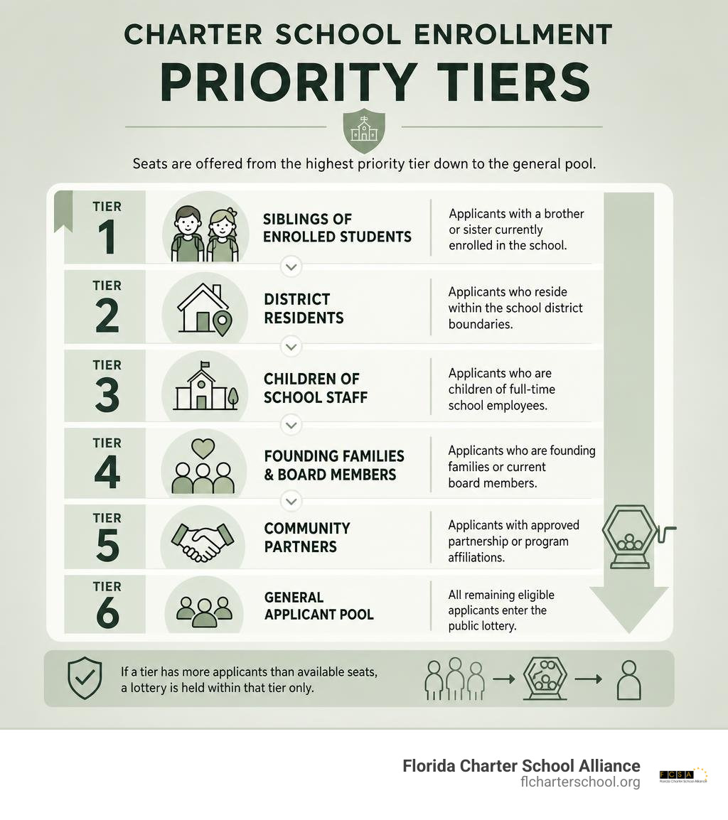Infographic detailing statutory priority tiers in charter school enrollment infographic Infographic detailing statutory priority tiers in charter school enrollment infographic