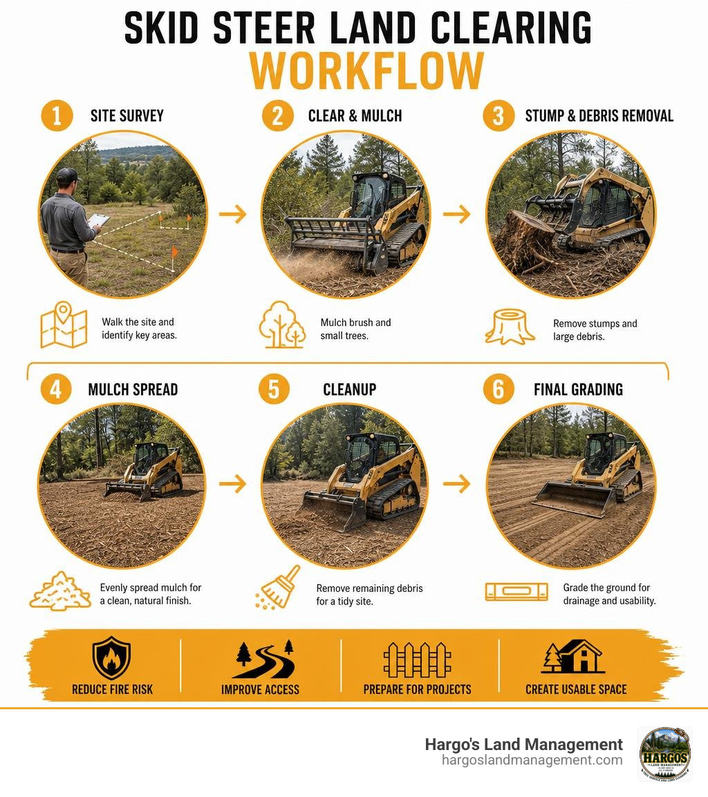 Skid steer land clearing workflow from site survey through mulch, cleanup, and final grading infographic