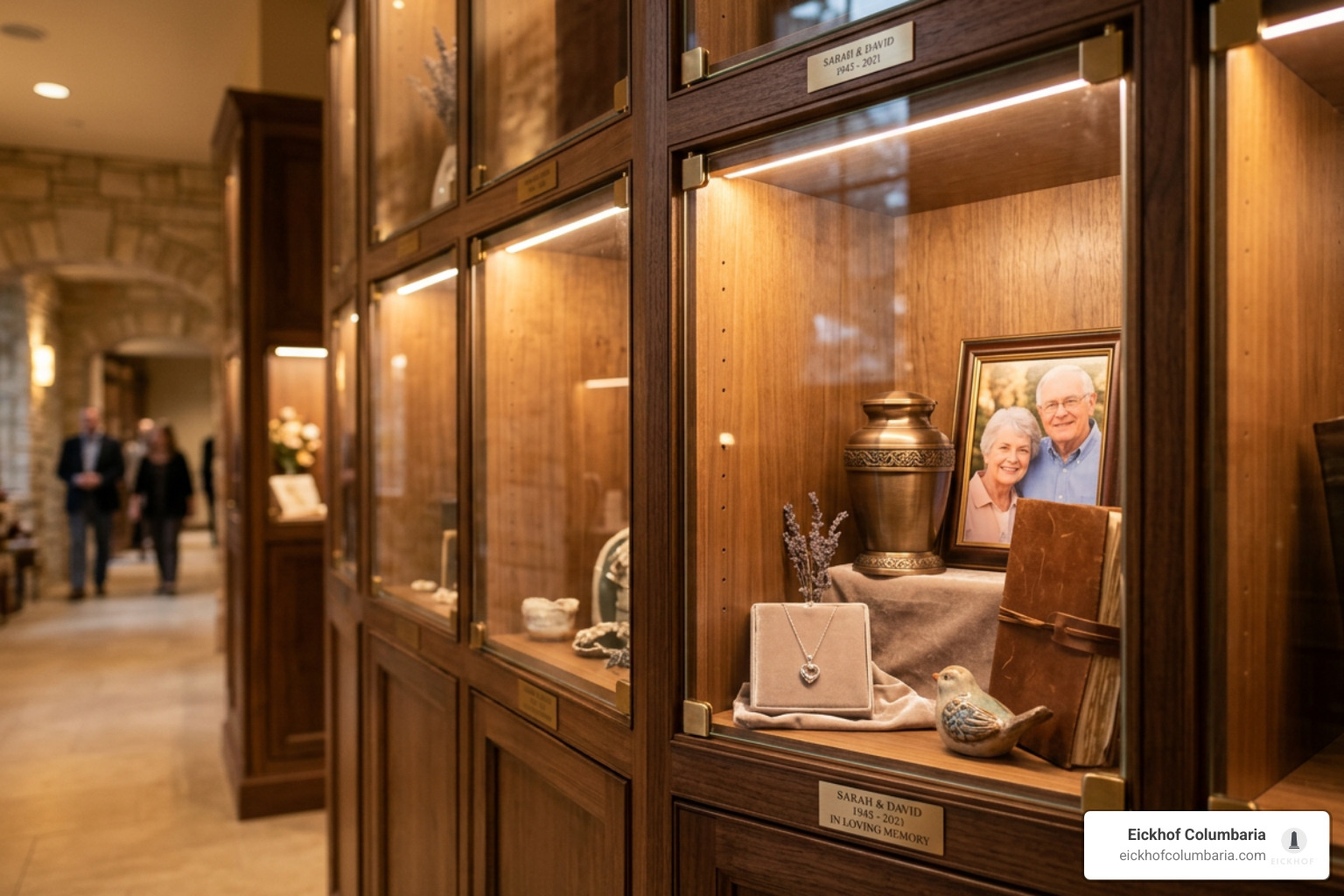 Glass front indoor niche display with curated keepsakes and warm lighting