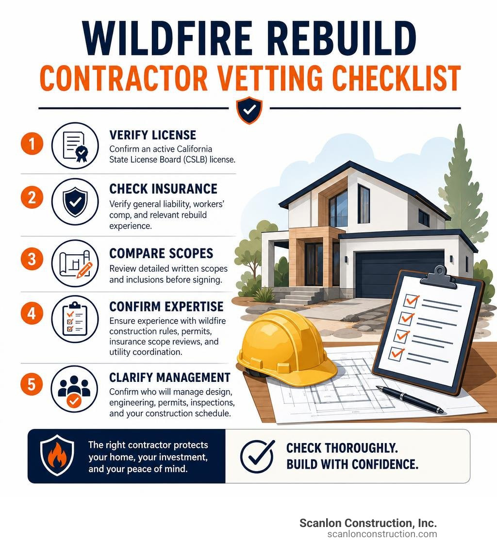 Wildfire rebuild contractor vetting checklist infographic Wildfire rebuild contractor vetting checklist infographic