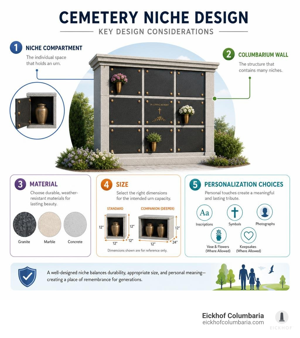 Infographic showing niche compartment, columbarium wall, material, size, and personalization choices infographic