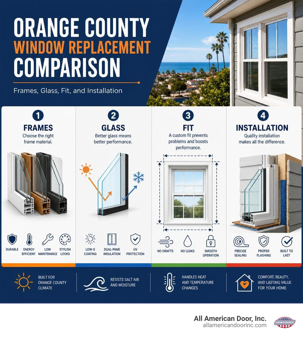 Orange County window replacement comparison: frames, glass, fit, and installation infographic Orange County window replacement comparison: frames, glass, fit, and installation infographic