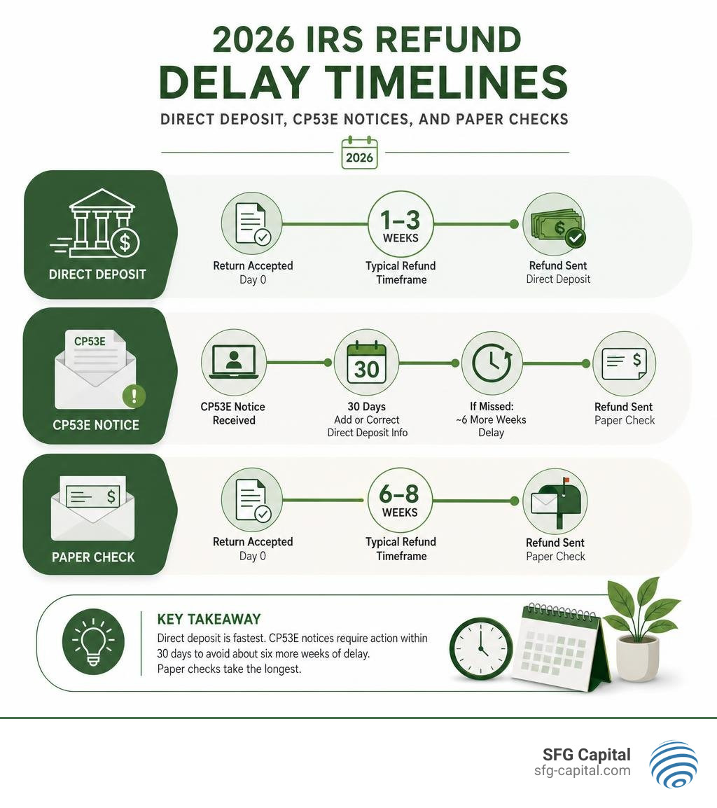 2026 IRS refund delay timelines for direct deposit, CP53E notices, and paper checks infographic 2026 IRS refund delay timelines for direct deposit, CP53E notices, and paper checks infographic