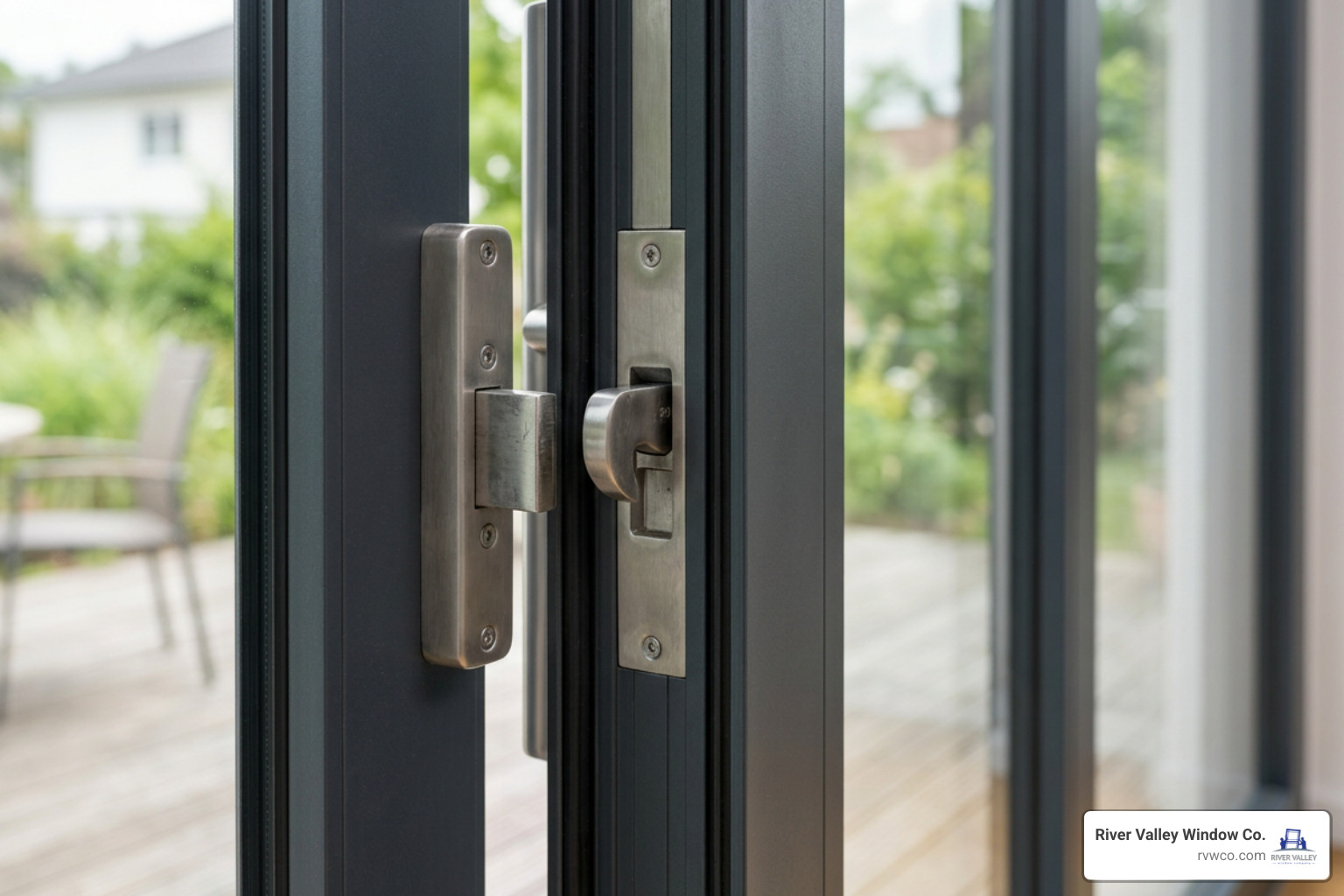Heavy-duty multi-point locking mechanism on patio doors Heavy-duty multi-point locking mechanism on patio doors