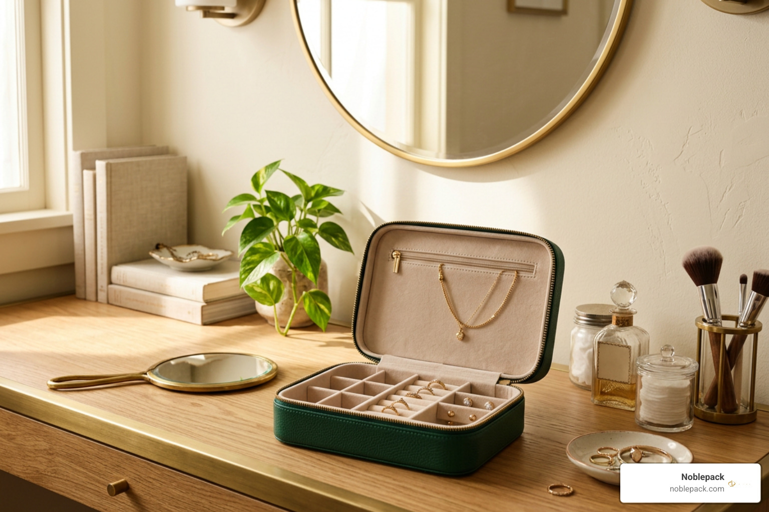 travel jewelry case displayed on home vanity
