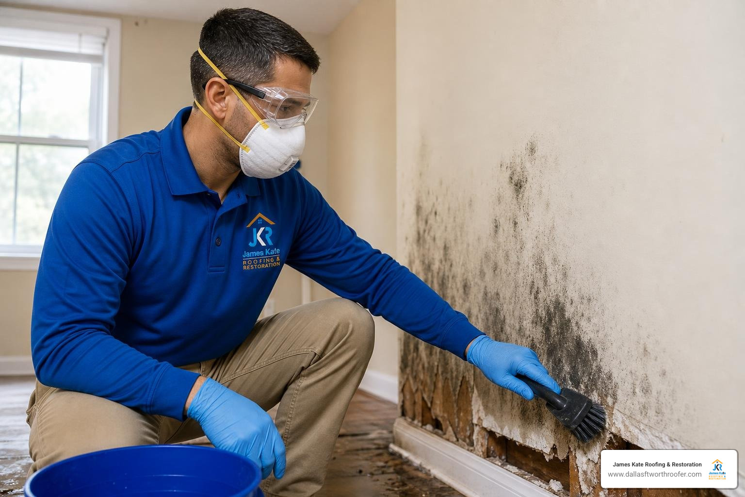 technician in royal blue James Kate shirt wearing complete PPE technician in royal blue James Kate shirt wearing complete PPE