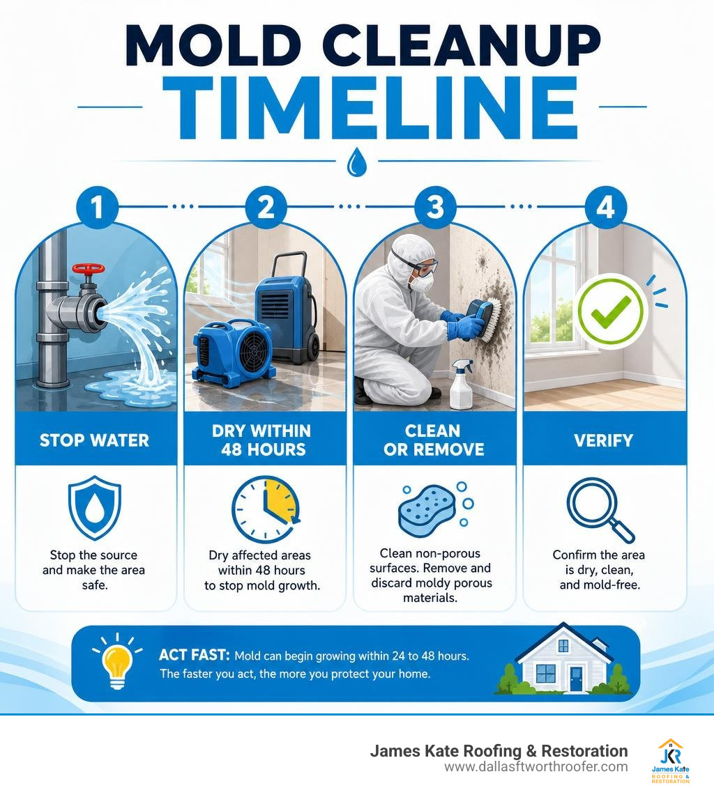 Mold cleanup timeline: stop water, dry within 48 hours, clean or remove, verify infographic Mold cleanup timeline: stop water, dry within 48 hours, clean or remove, verify infographic