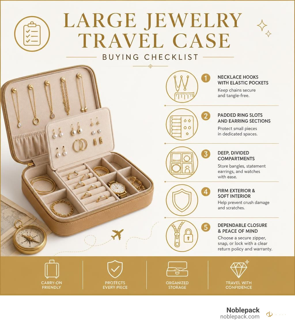 Large jewelry travel case buying checklist infographic