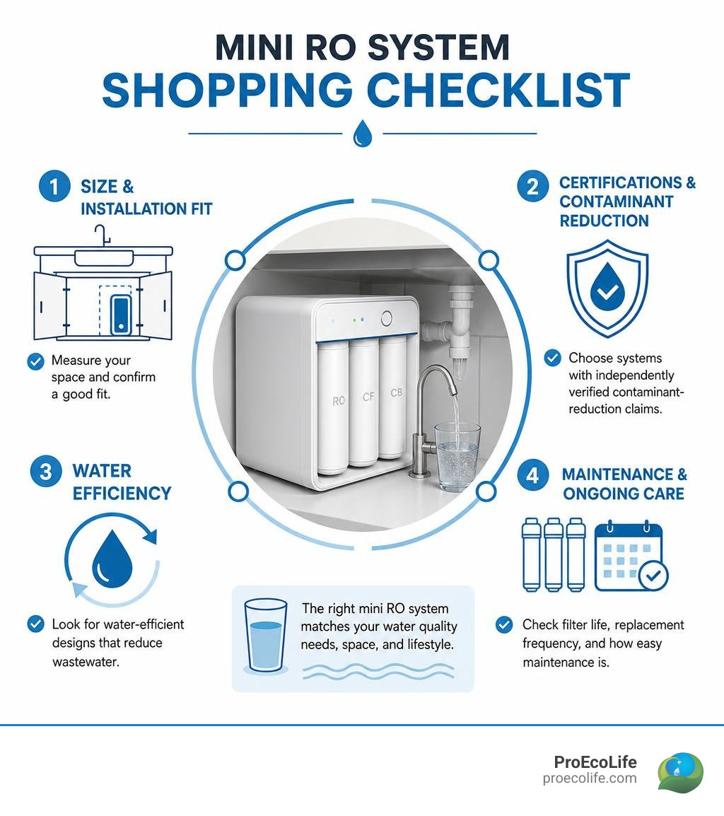 Mini RO system shopping checklist: size, certifications, efficiency, maintenance infographic