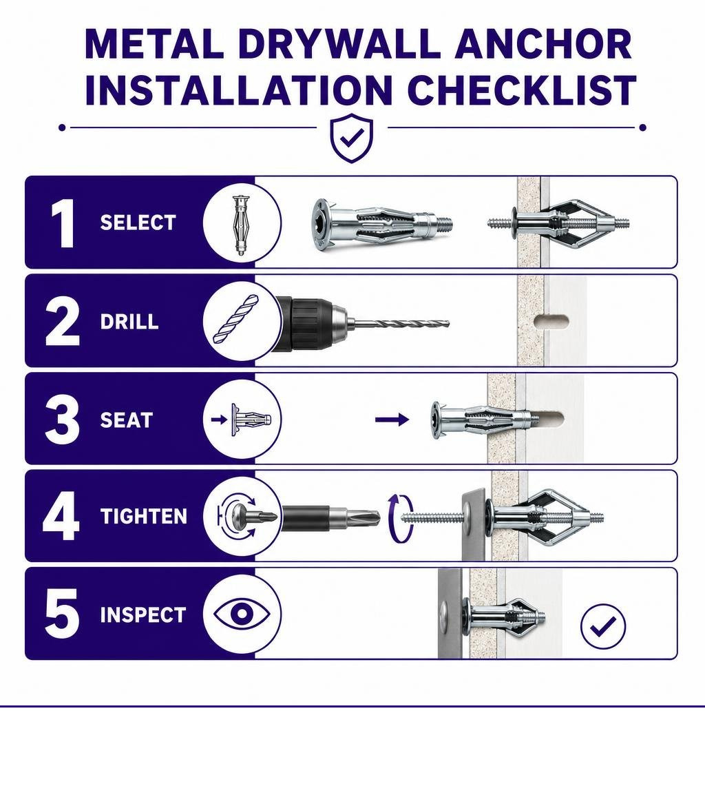 Metal drywall anchor installation checklist: select, drill, seat, tighten, inspect infographic Metal drywall anchor installation checklist: select, drill, seat, tighten, inspect infographic