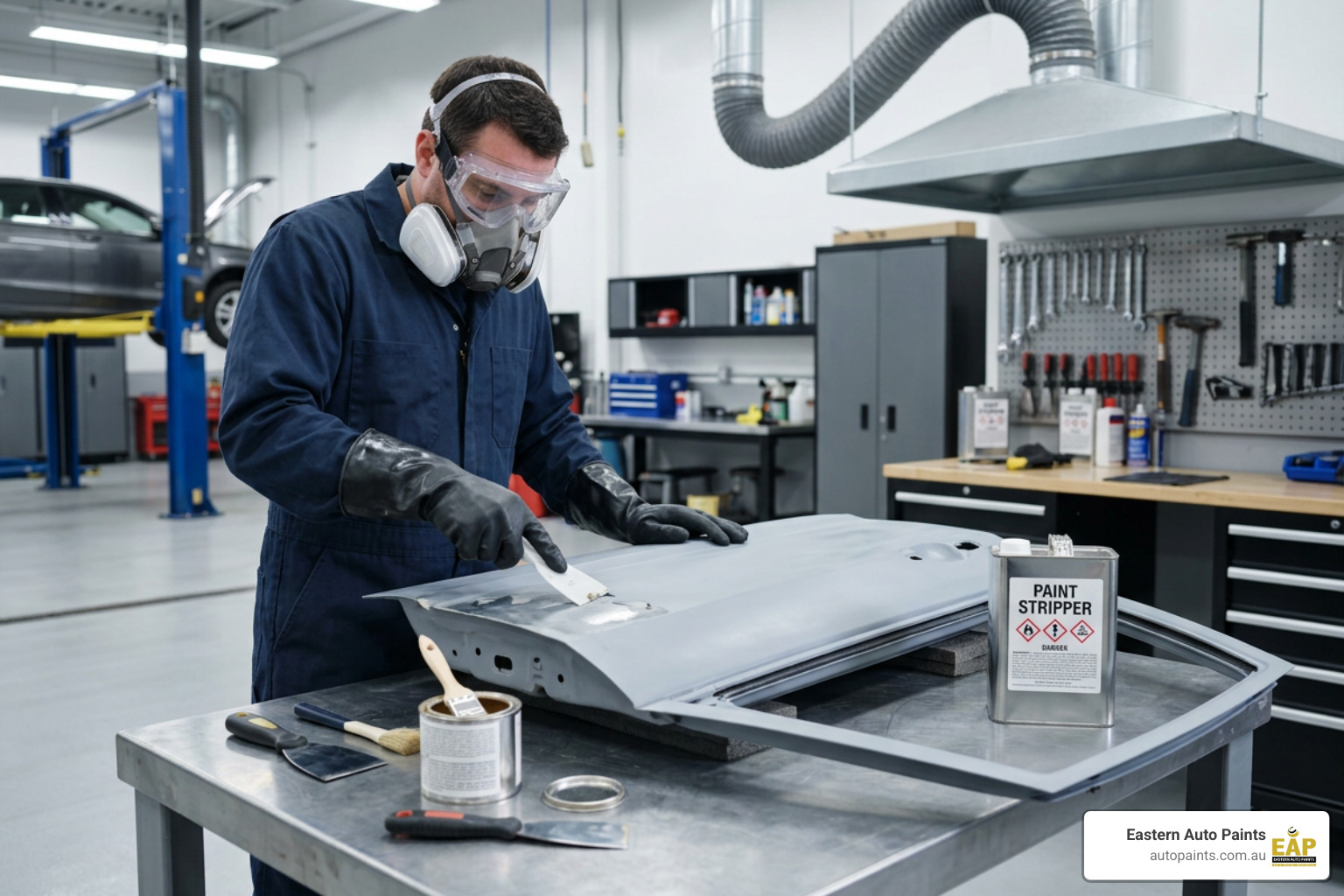 technician preparing automotive panel for stripping with safety gear technician preparing automotive panel for stripping with safety gear