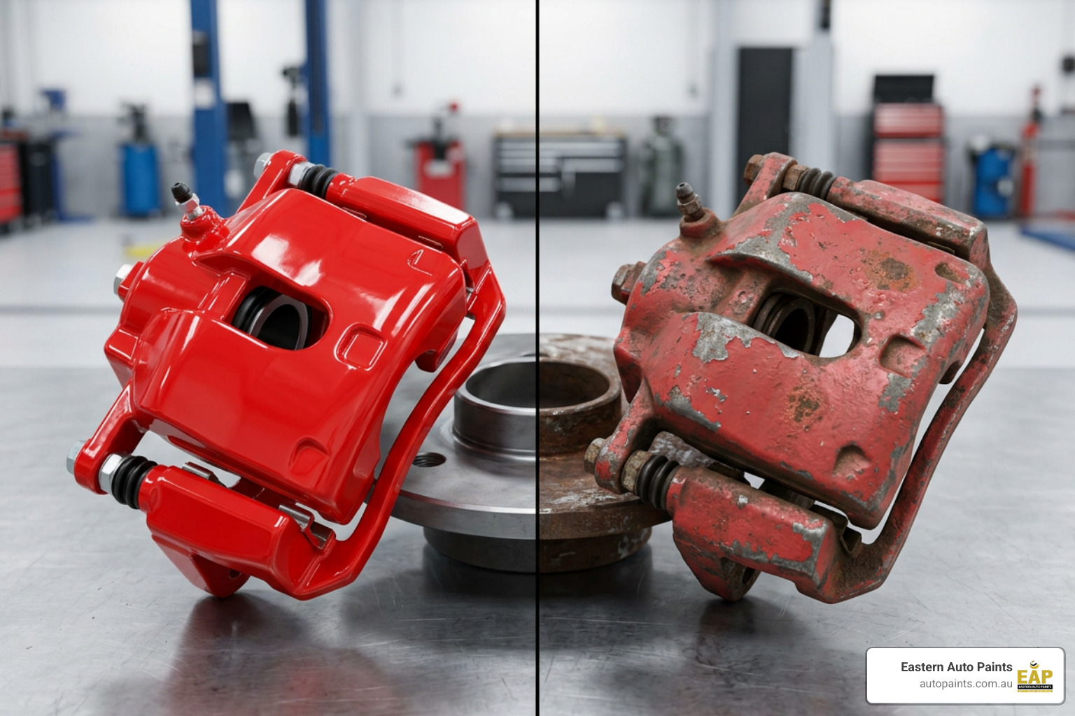 comparing freshly coated calipers with weathered painted calipers