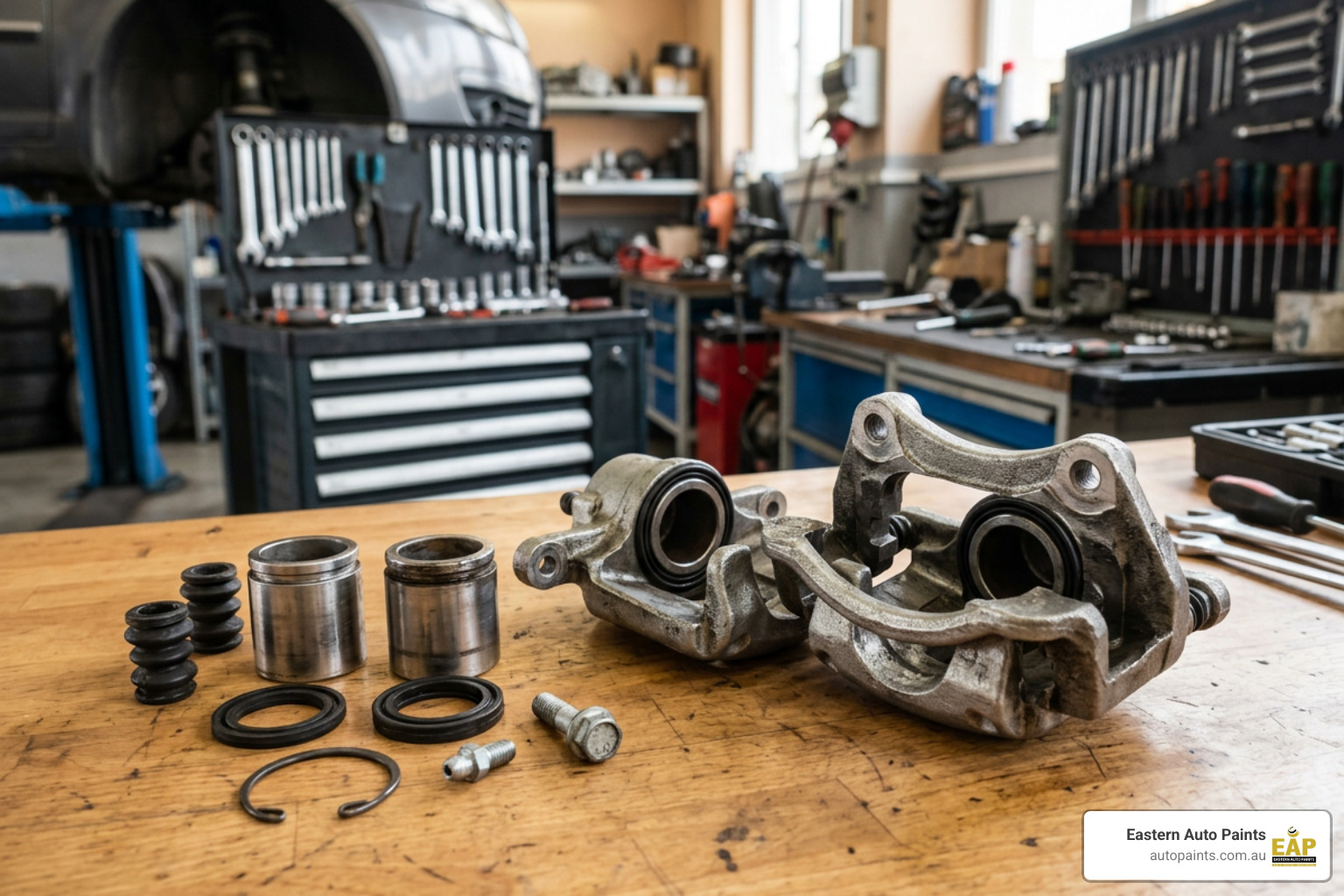 disassembled caliper bodies with pistons and internal seals removed