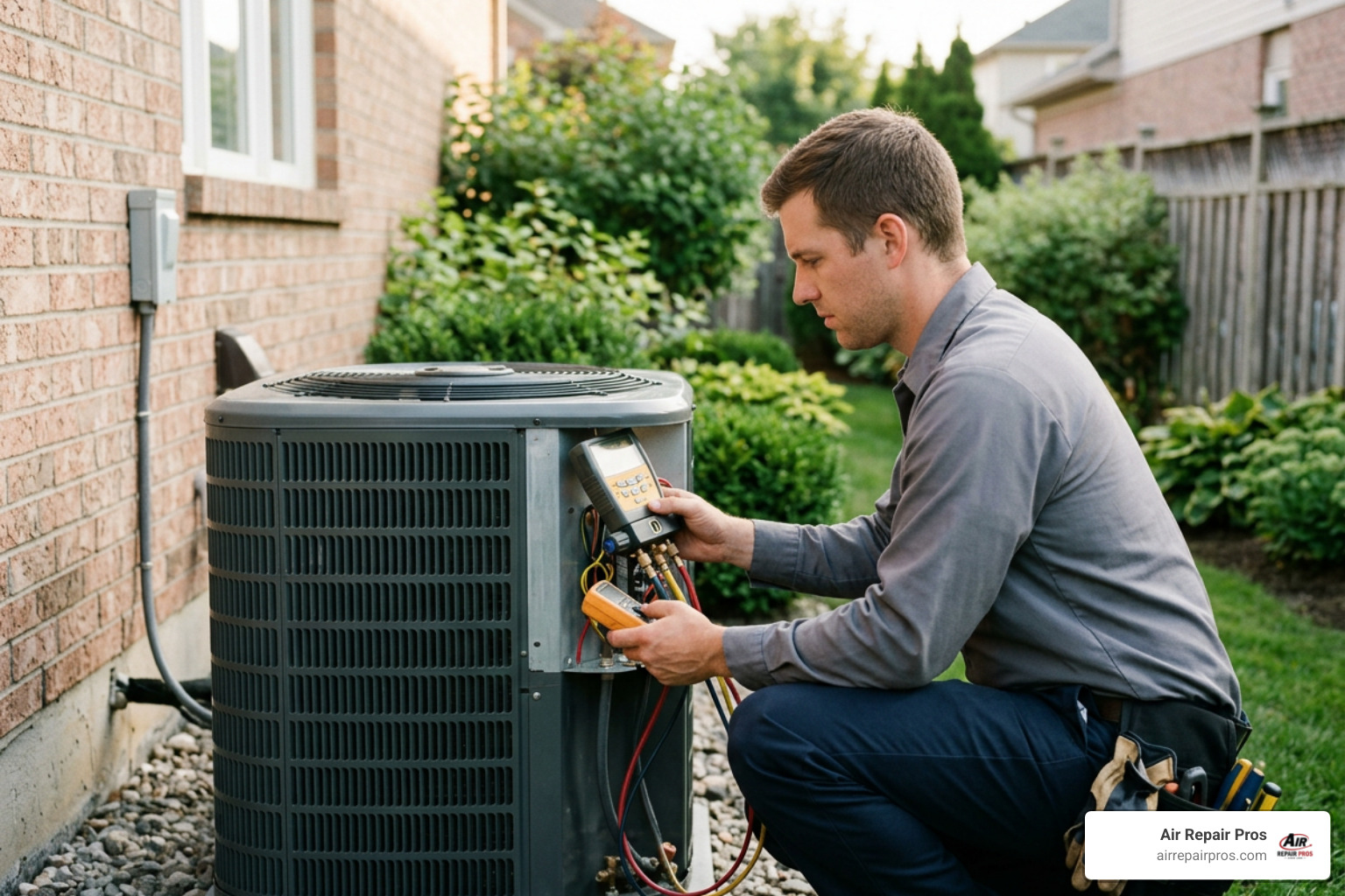 Certified HVAC technician inspecting outdoor condenser