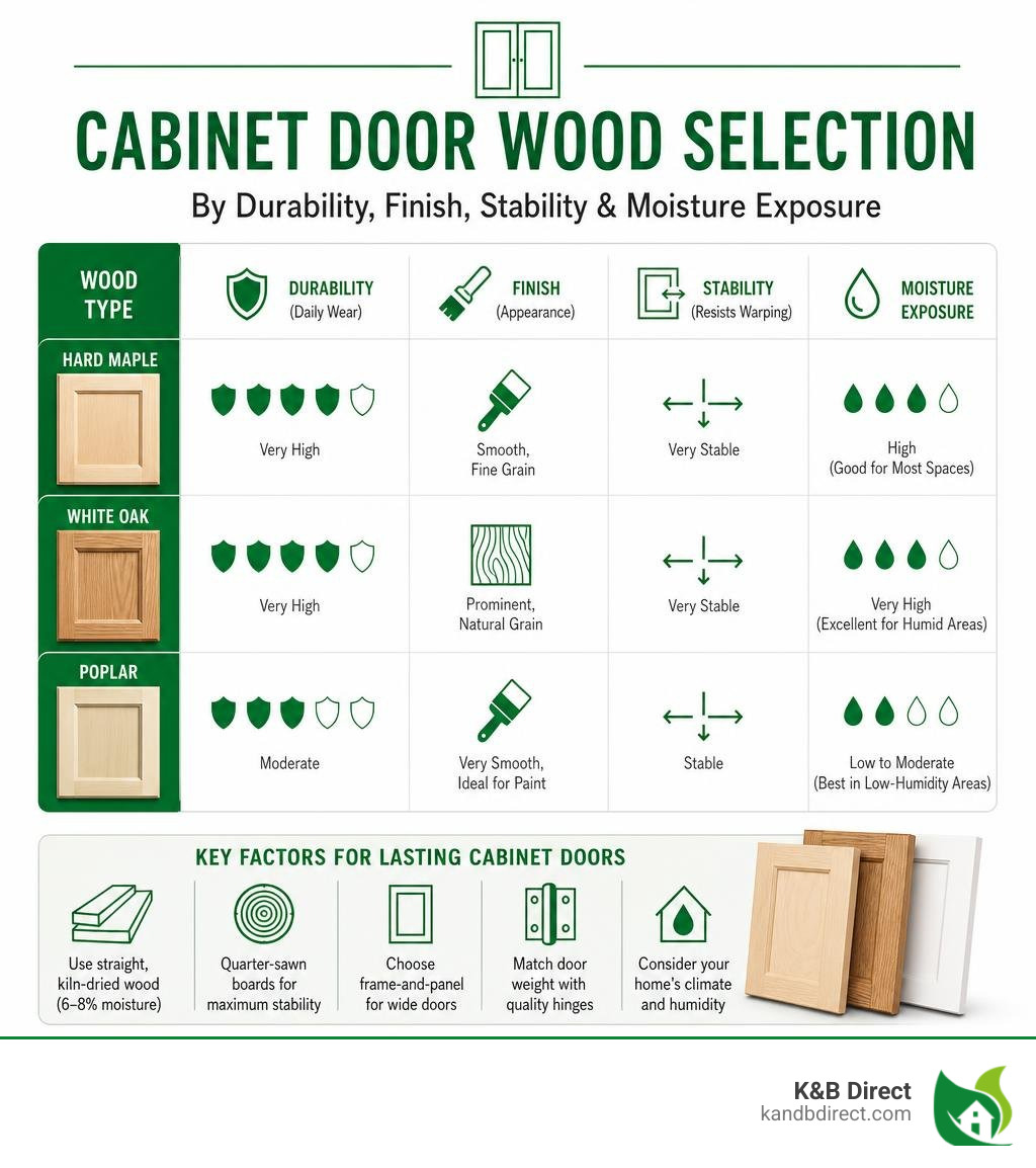 Cabinet door wood selection by durability, finish, stability, and moisture exposure infographic