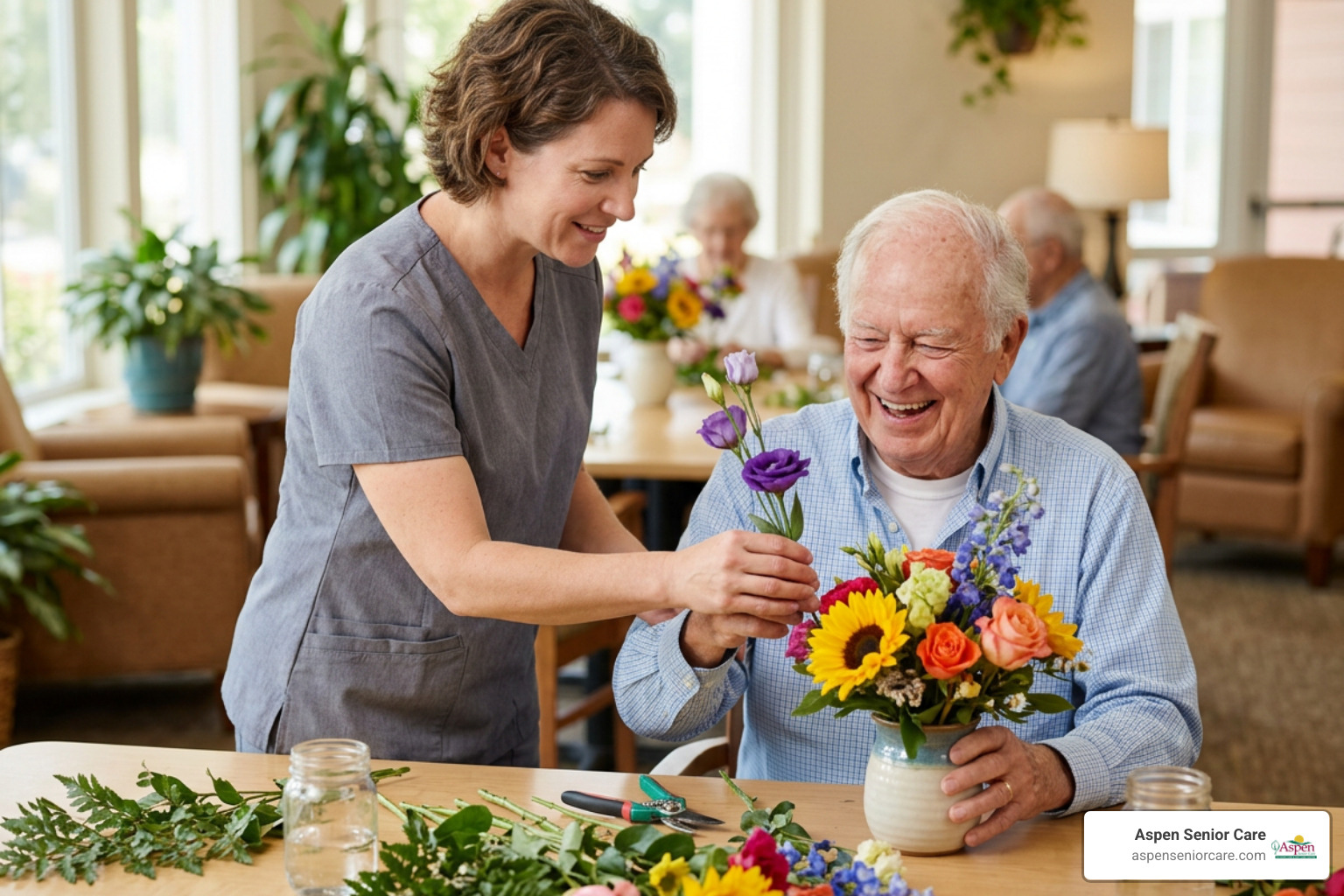 Compassionate caregiver supporting an older adult with engaging activities