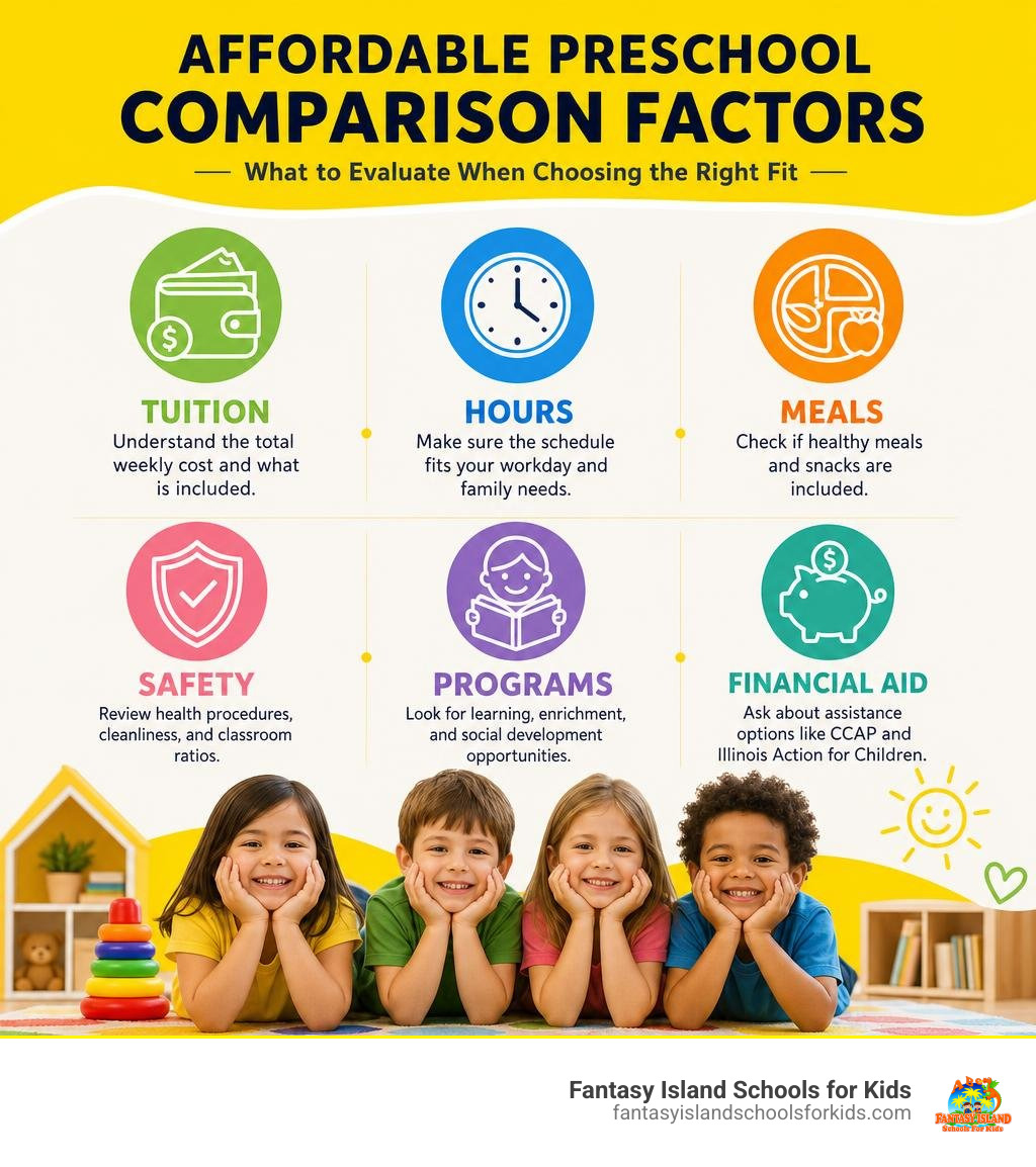 Affordable preschool comparison factors: tuition, hours, meals, safety, programs, financial aid infographic Affordable preschool comparison factors: tuition, hours, meals, safety, programs, financial aid infographic