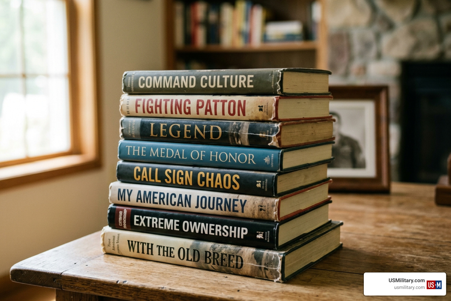 Curated stack of top military memoirs and leadership manuals Curated stack of top military memoirs and leadership manuals