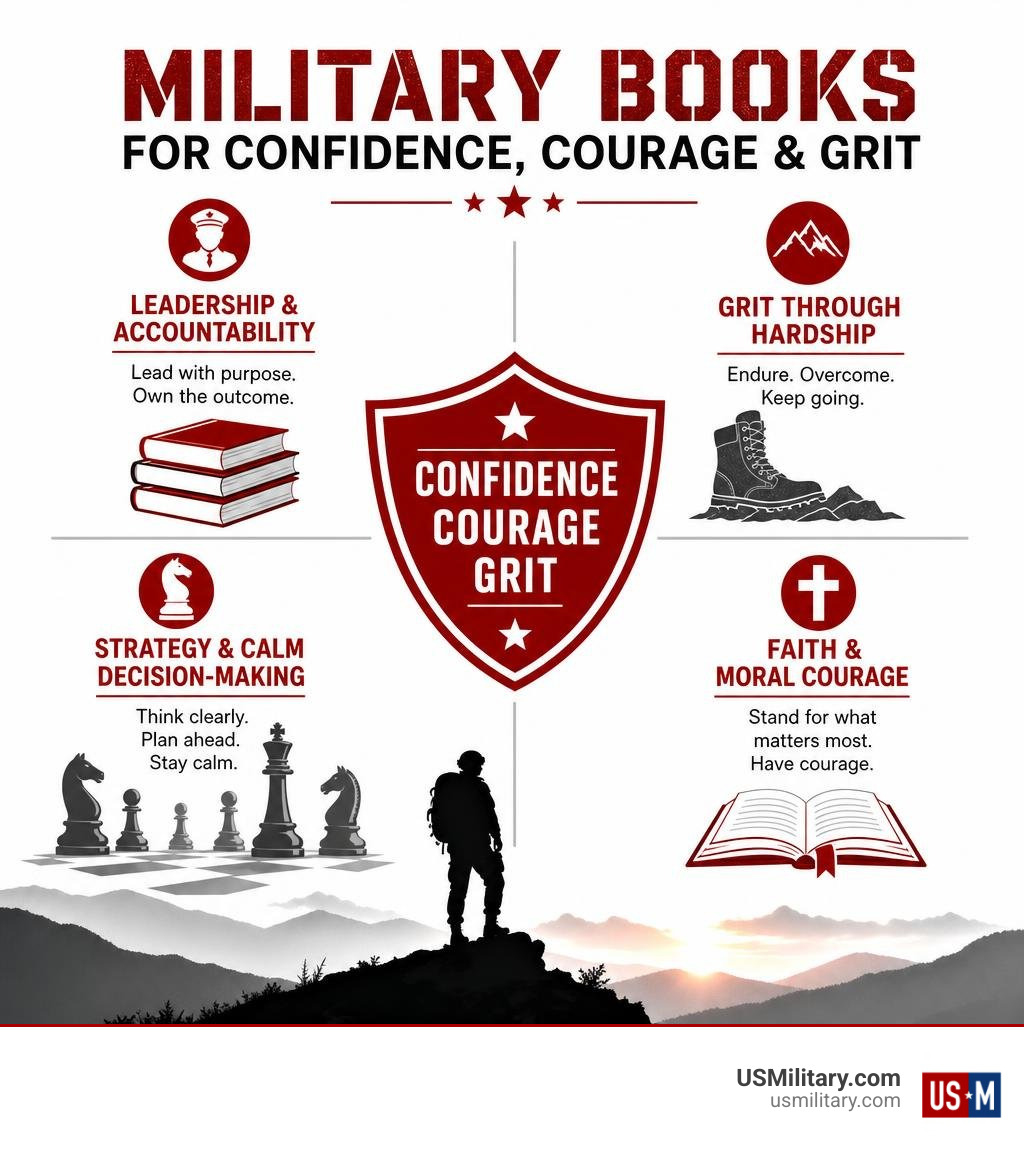 Infographic showing military book categories for confidence courage grit infographic Infographic showing military book categories for confidence courage grit infographic