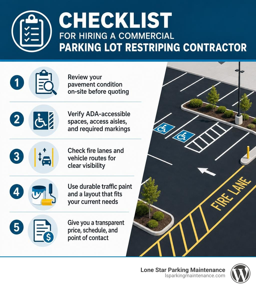 Checklist for hiring a commercial parking lot restriping contractor infographic Checklist for hiring a commercial parking lot restriping contractor infographic