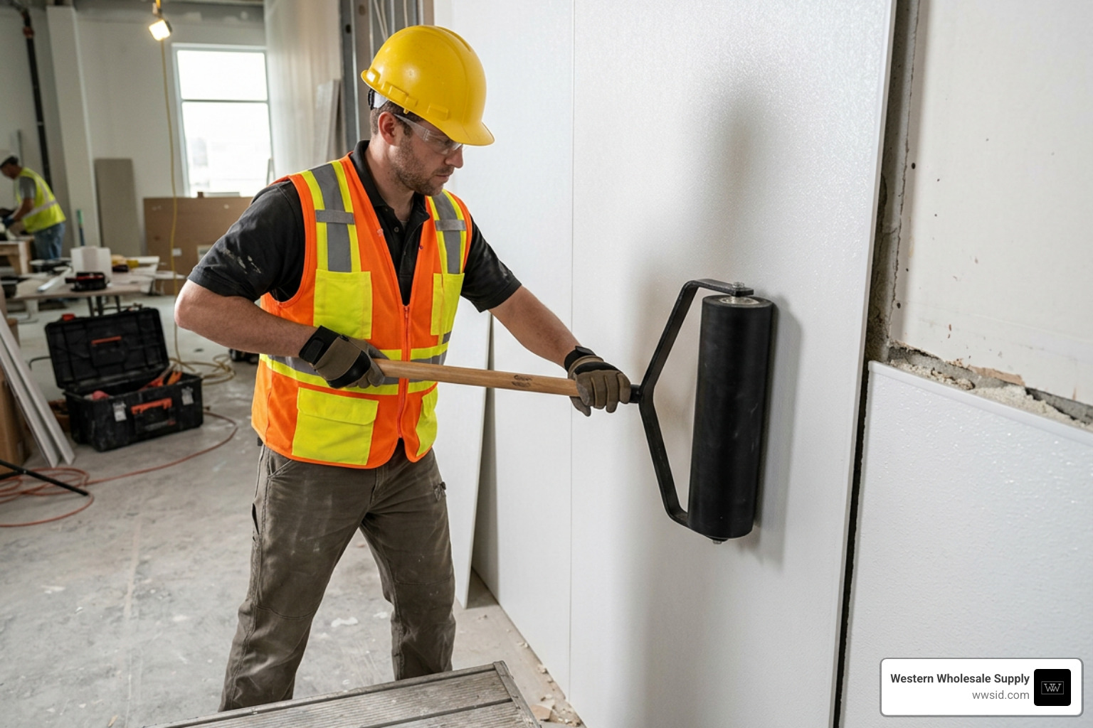 installer using a laminate roller to smooth an FRP wall panel installer using a laminate roller to smooth an FRP wall panel