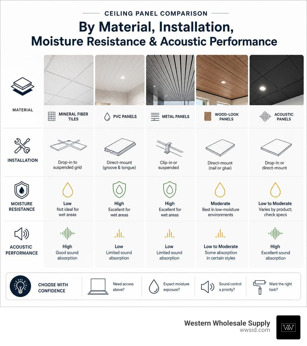 Ceiling panel comparison by material installation moisture resistance and acoustic performance infographic Ceiling panel comparison by material installation moisture resistance and acoustic performance infographic