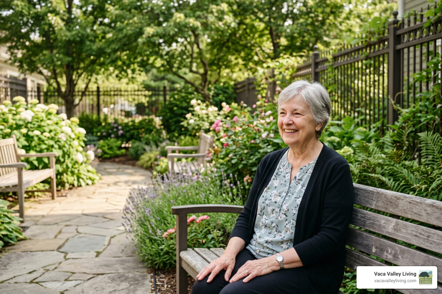 older adult smiling in a secure memory care courtyard older adult smiling in a secure memory care courtyard