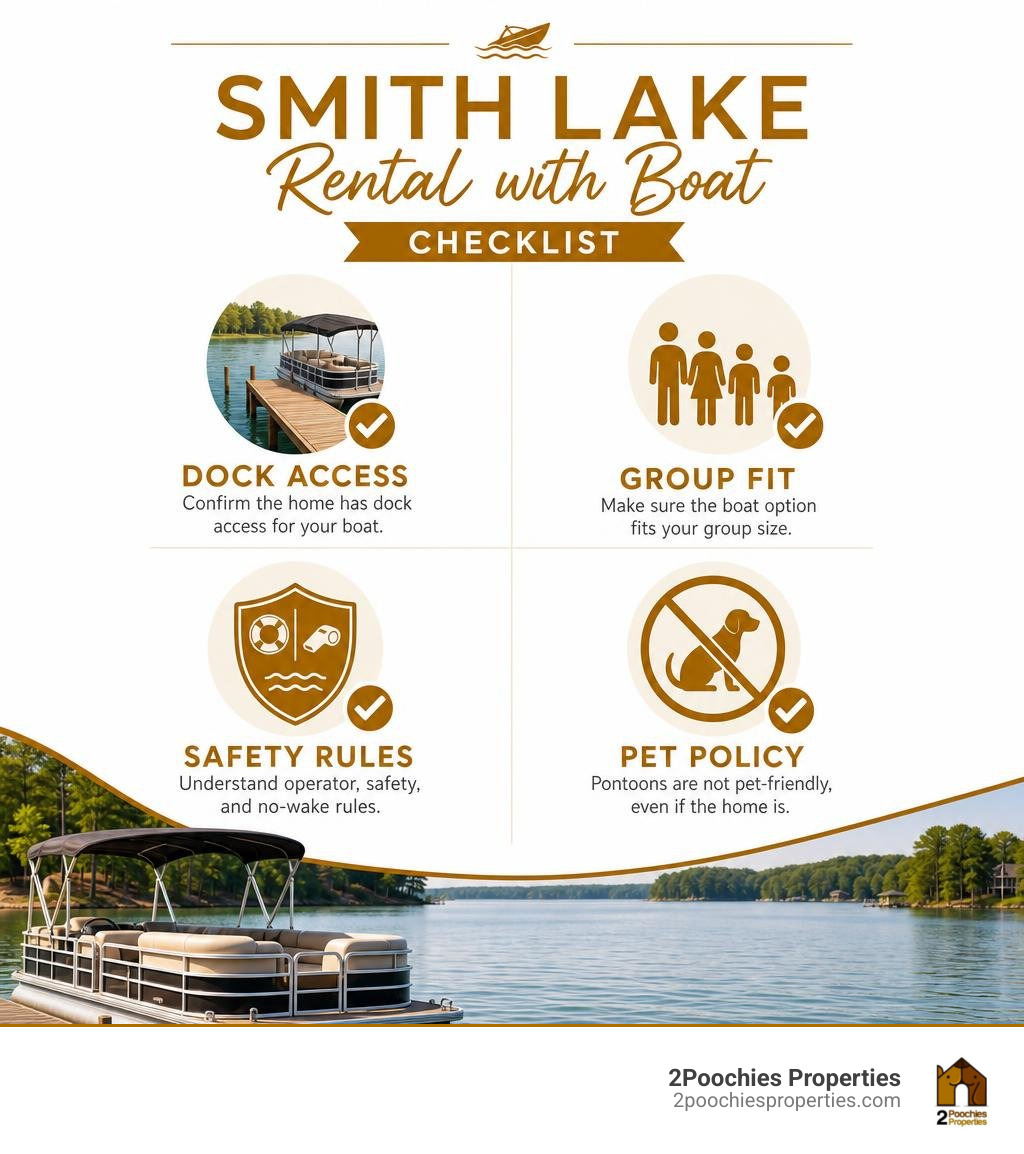 Smith Lake rental with boat checklist: dock access, group fit, safety rules, pet policy infographic