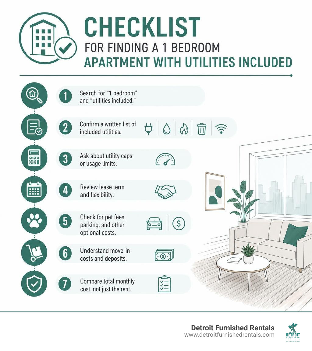 Checklist for finding a 1 bedroom apartment with utilities included infographic