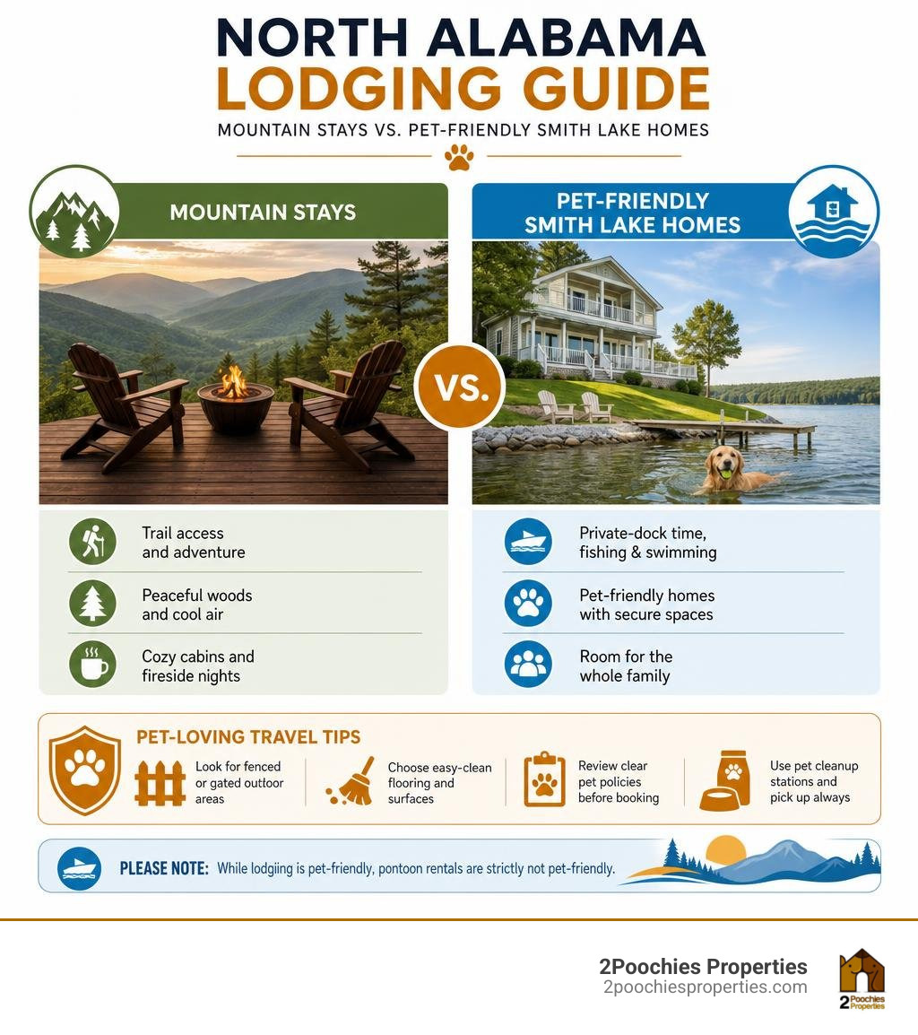 North Alabama lodging guide: mountain stays versus pet-friendly Smith Lake homes infographic North Alabama lodging guide: mountain stays versus pet-friendly Smith Lake homes infographic