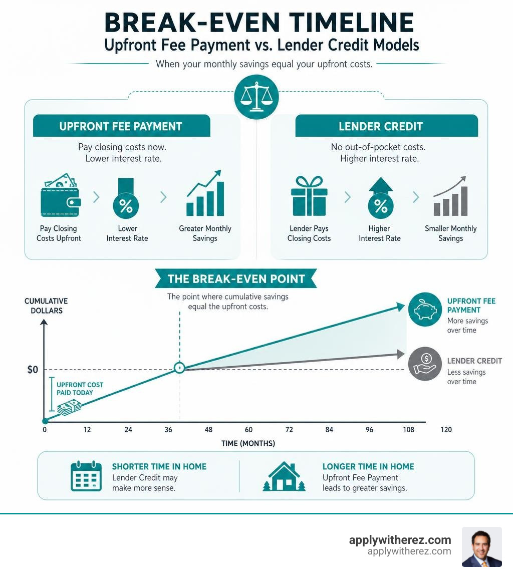 Infographic showing break even timeline comparison between upfront fee payment and lender credit models infographic