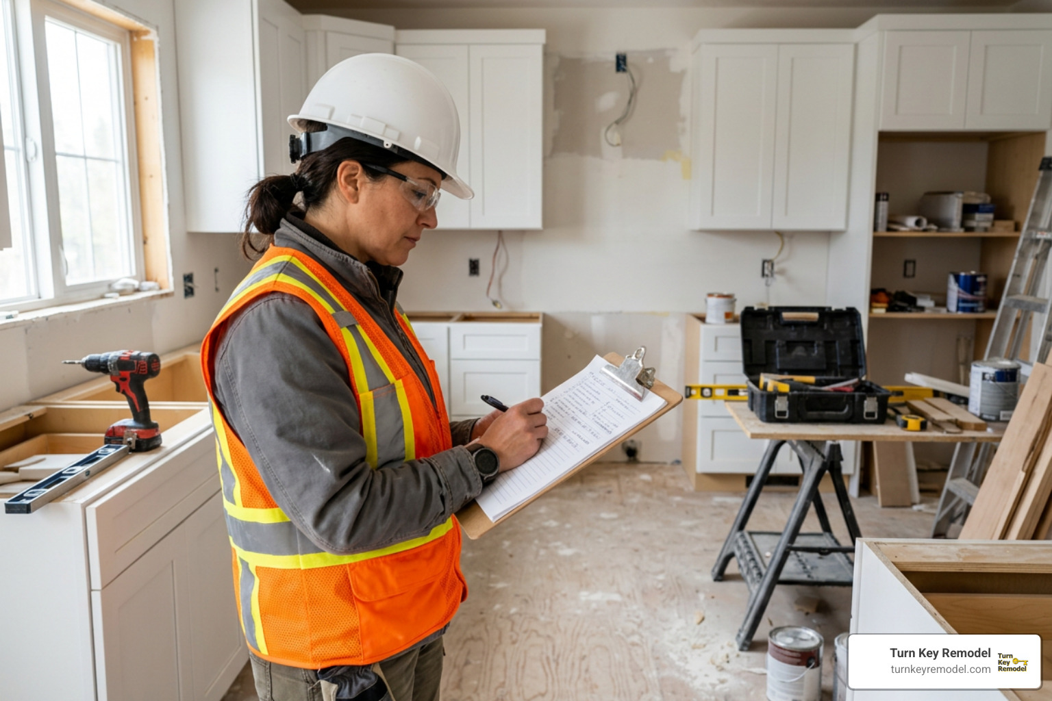 Company project manager reviewing cabinet installation punch list on job site Company project manager reviewing cabinet installation punch list on job site