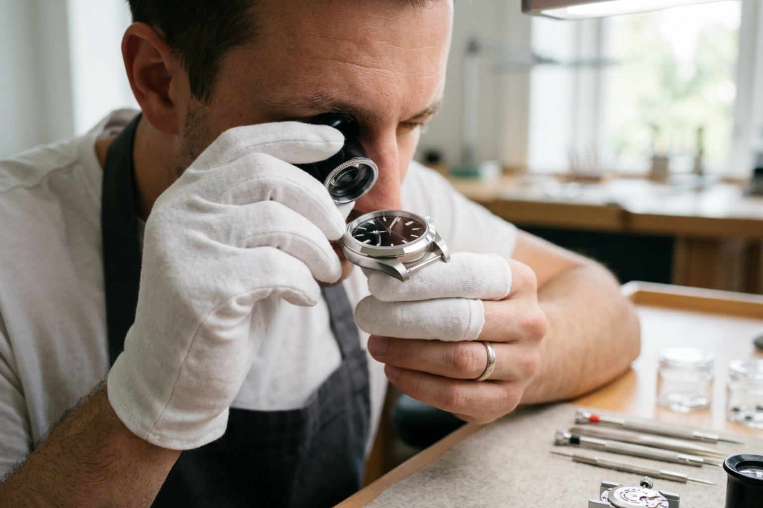 A specialist inspecting watch case lines under neutral lighting A specialist inspecting watch case lines under neutral lighting