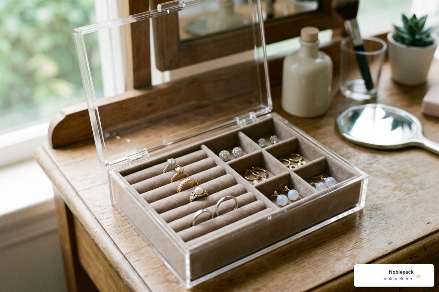 Plush velvet interior compartments in a clear lid organizer