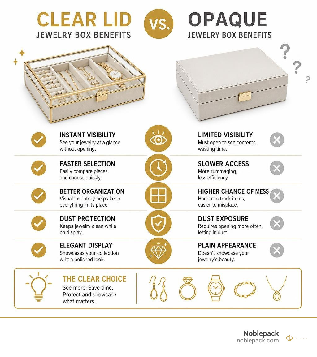 Clear lid versus opaque jewelry box benefits comparison infographic