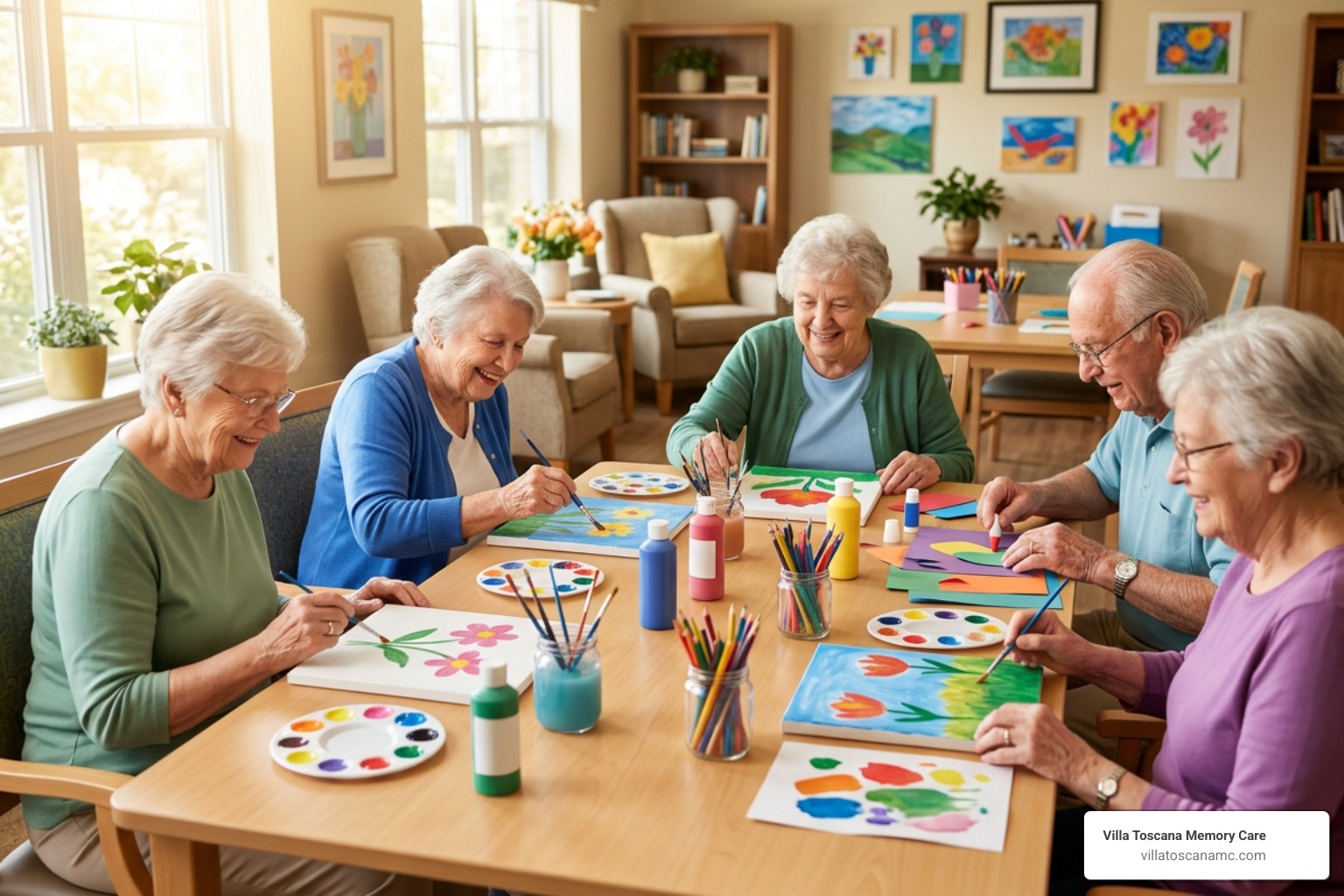Senior residents participating in engaging memory care art activities