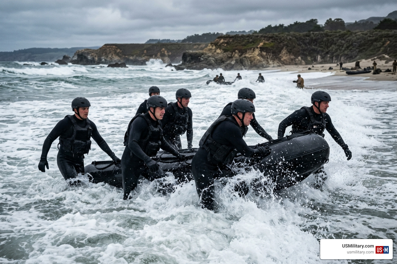 United States Navy SEAL candidates enduring ocean surf passage drills United States Navy SEAL candidates enduring ocean surf passage drills