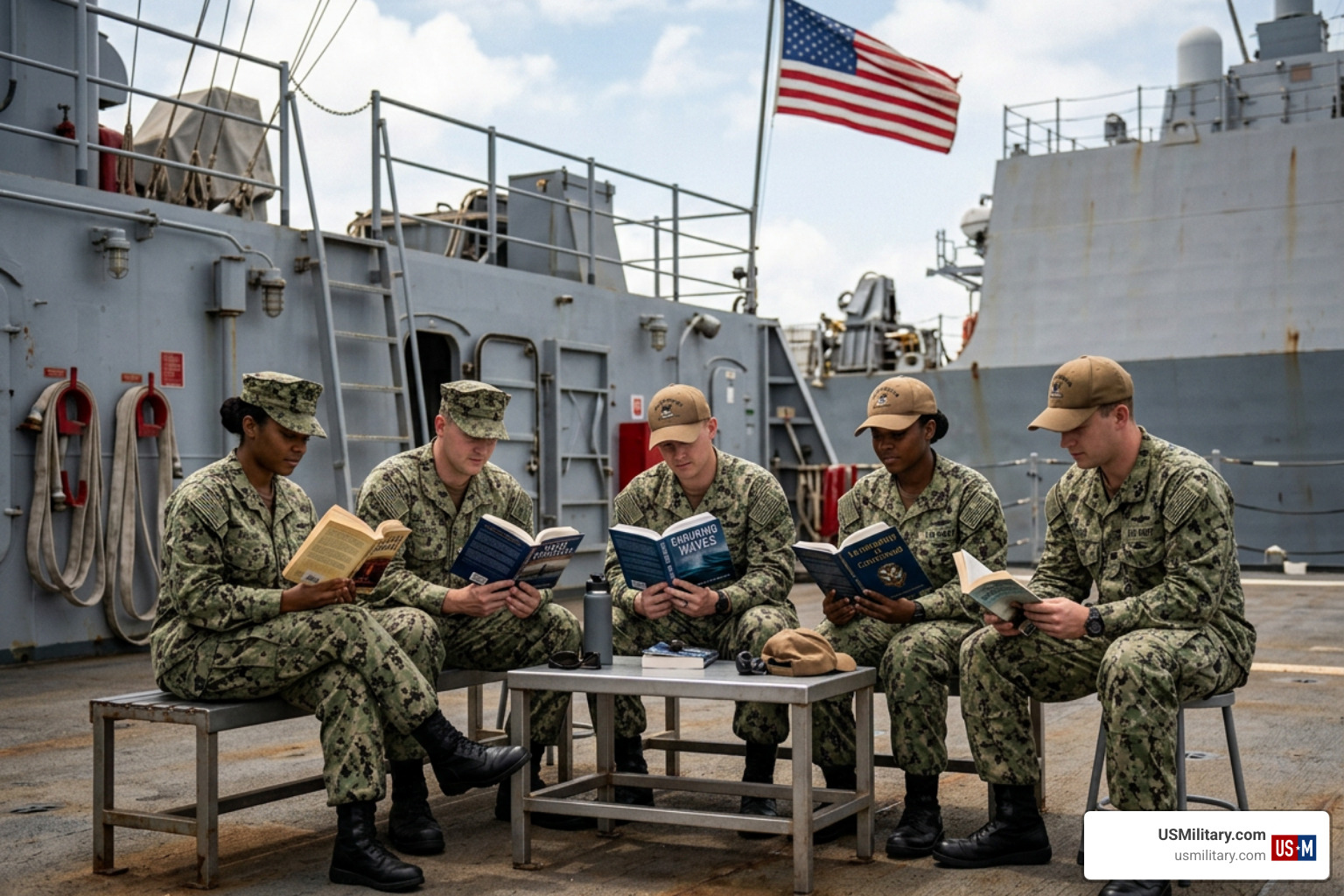 United States Navy service members reading military books United States Navy service members reading military books