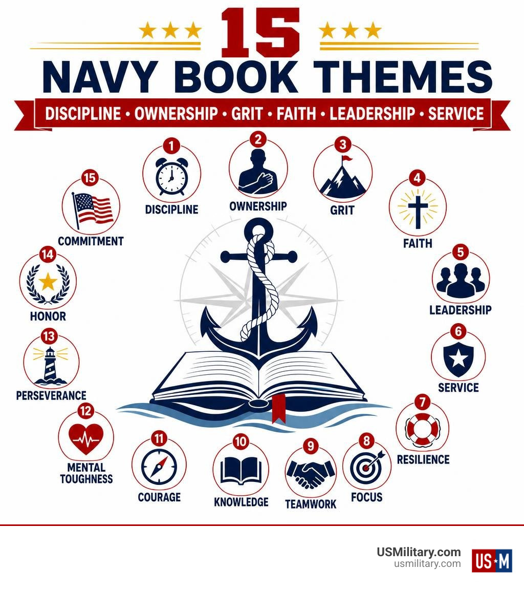 Infographic of 15 Navy book themes: discipline, ownership, grit, faith, leadership, and service infographic Infographic of 15 Navy book themes: discipline, ownership, grit, faith, leadership, and service infographic