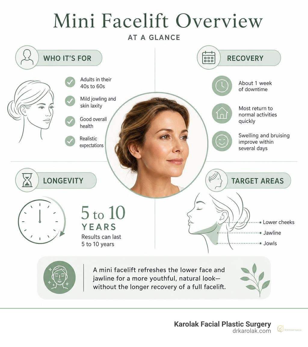 Mini facelift overview infographic showing candidacy, recovery, longevity, and target areas Mini facelift overview infographic showing candidacy, recovery, longevity, and target areas