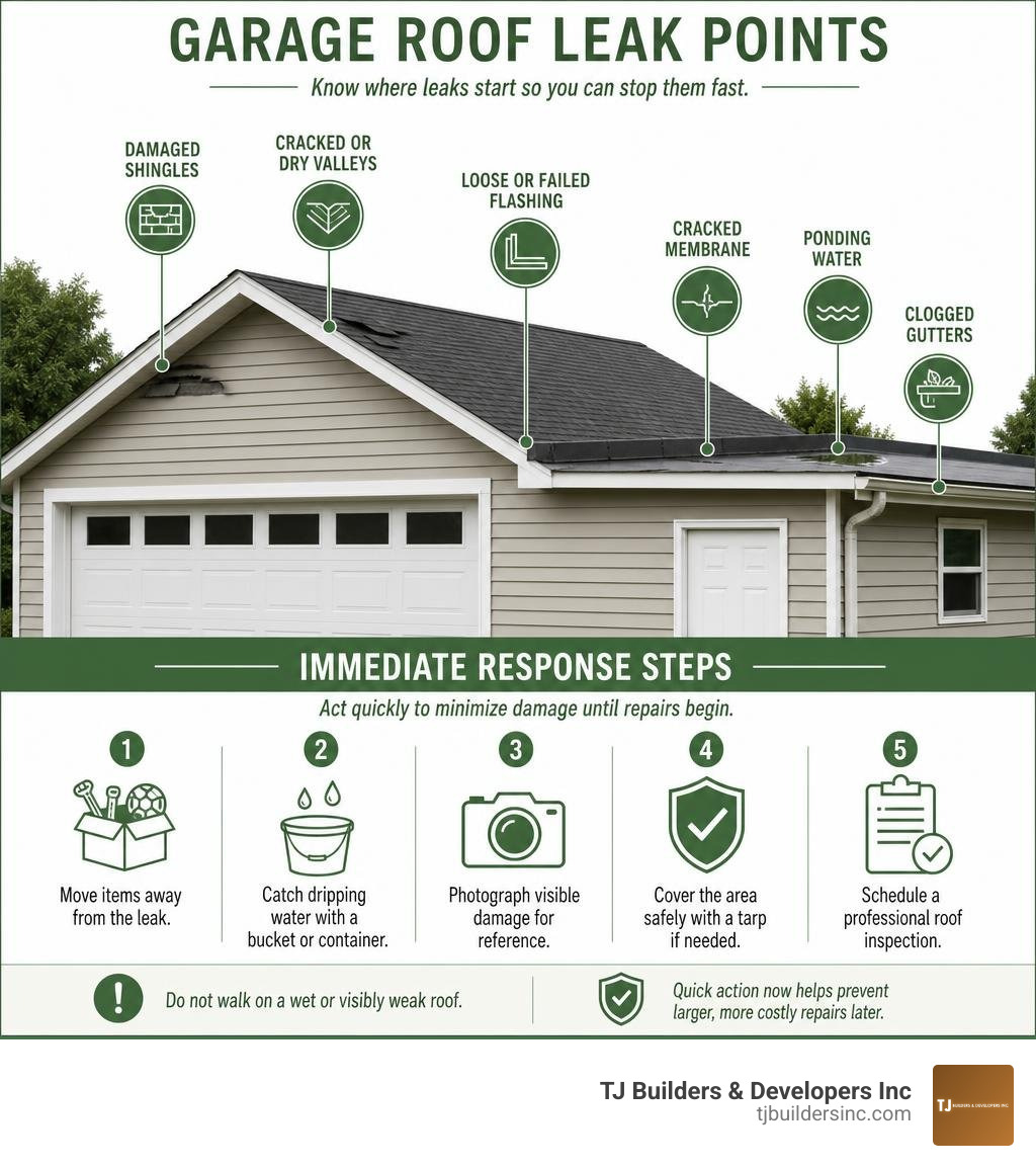 Garage roof leak points and immediate response steps infographic Garage roof leak points and immediate response steps infographic
