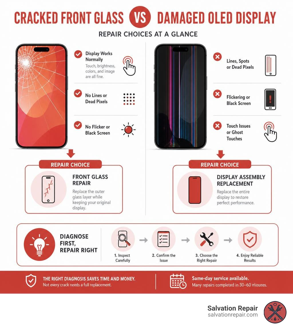Cracked front glass versus damaged OLED display repair choices infographic