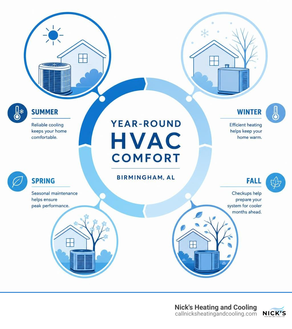 Central Alabama seasonal HVAC needs: summer cooling, winter heating, spring and fall maintenance infographic