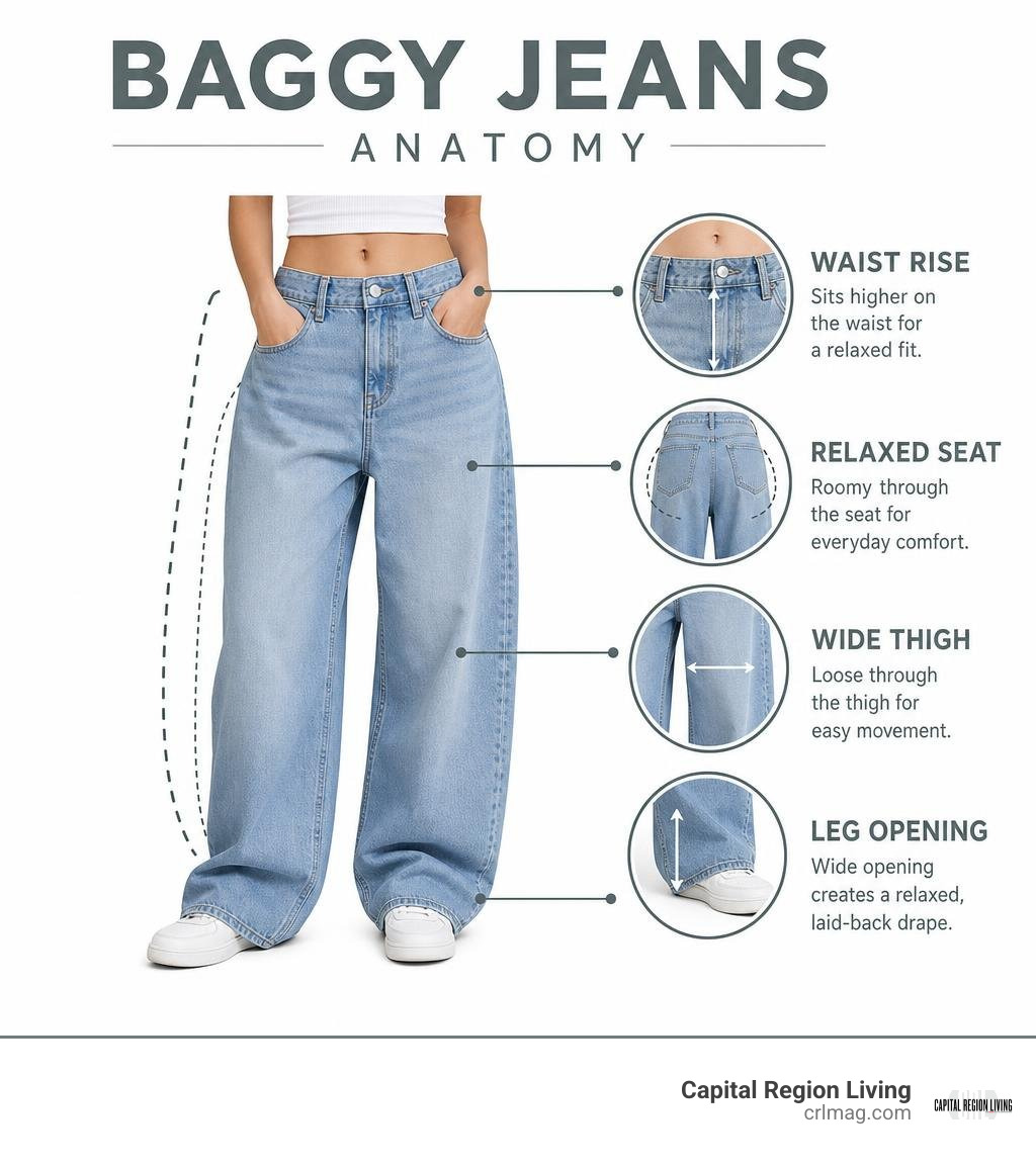 Baggy jeans anatomy showing waist rise, relaxed seat, wide thigh, and leg opening infographic Baggy jeans anatomy showing waist rise, relaxed seat, wide thigh, and leg opening infographic