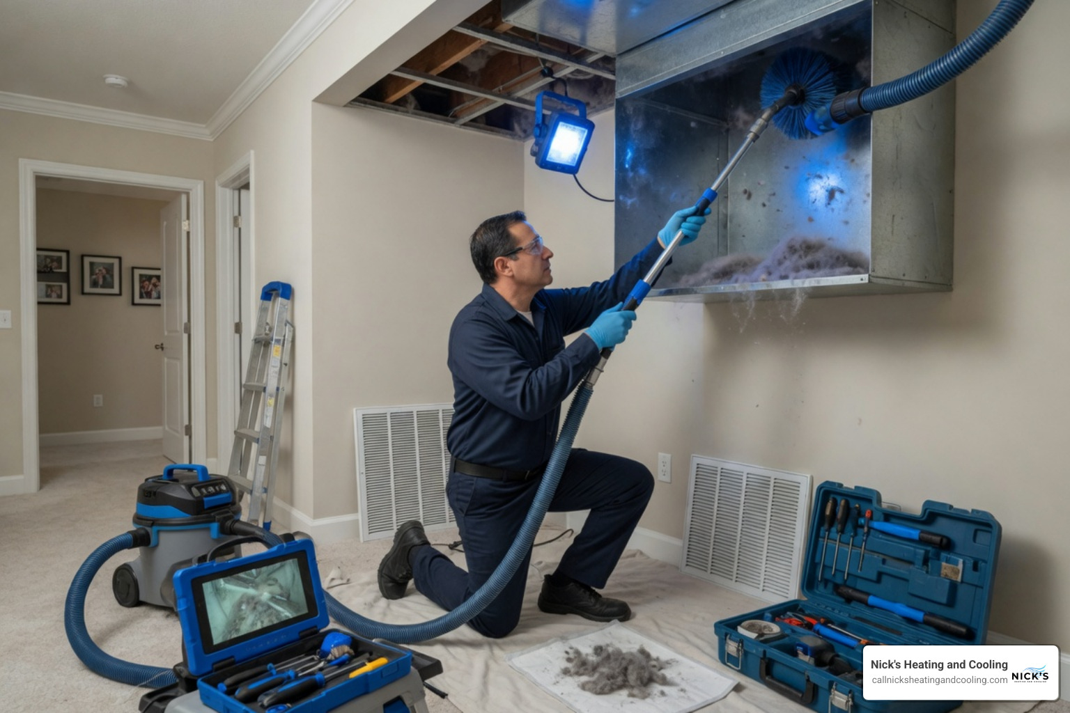 infographic showing duct inspection cleaning debris capture and airflow check infographic