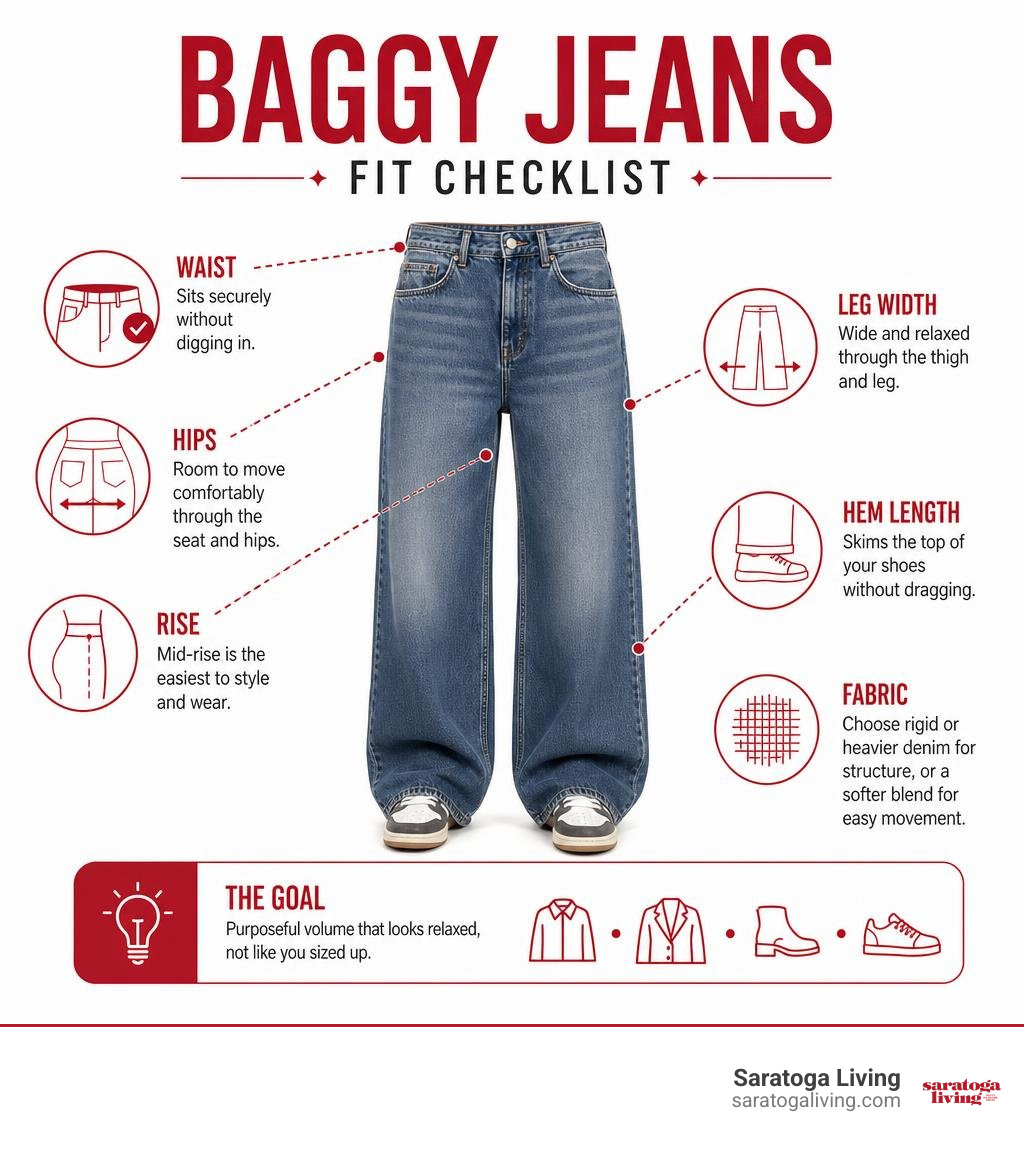 Baggy jeans fit checklist: waist, hips, rise, leg width, hem length and fabric infographic